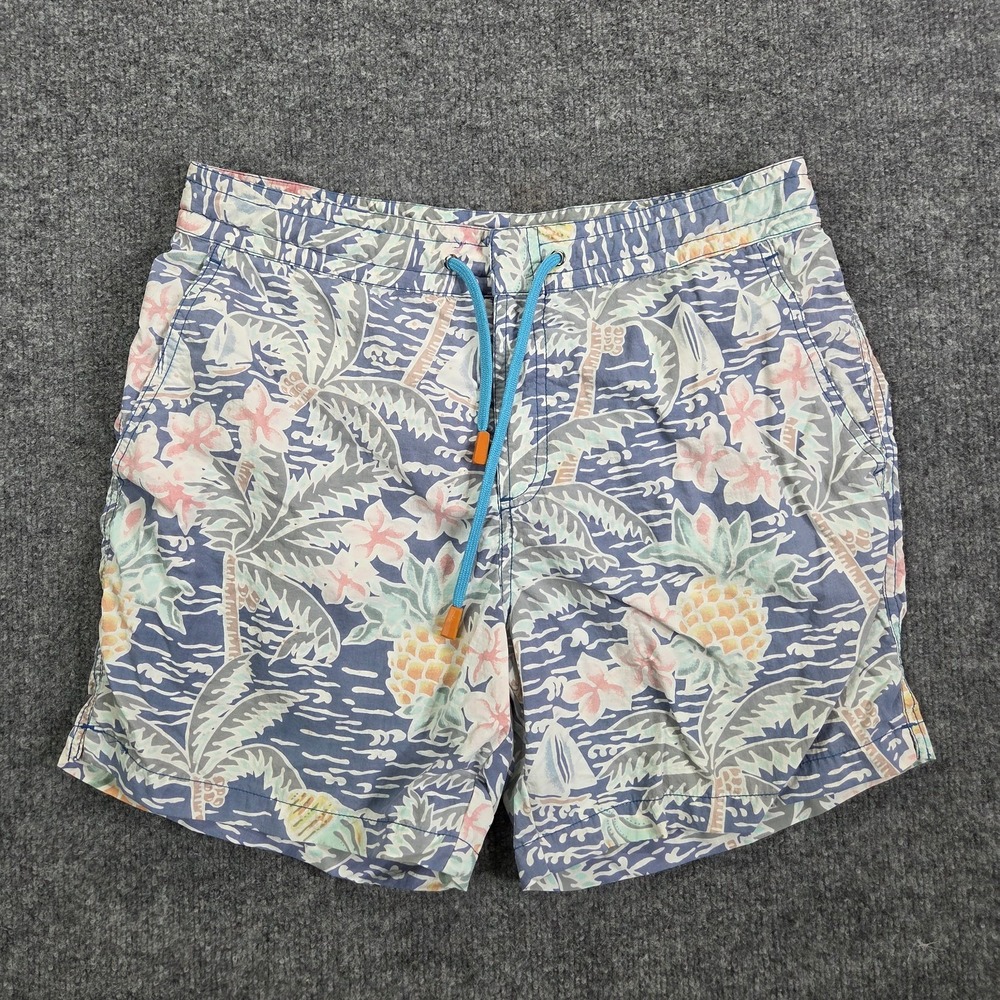Tori Richard Swim Trunks 32‎ Floral Tiki Hawaiian Hula Blue Pink Lined Shorts